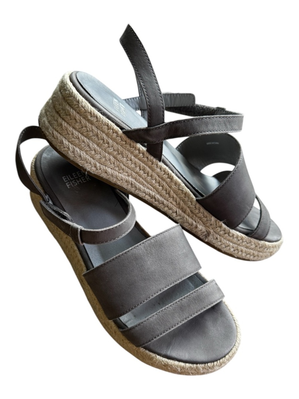 Eileen Fisher Gray 2” Platform Espadrille Jute Strap Sandals Velcro Size 7.5